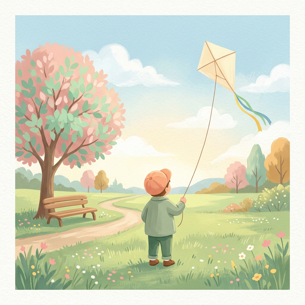 Illustration d'un enfant vu de dos, qui fait voler un cerf-volant dans un parc fleuri.