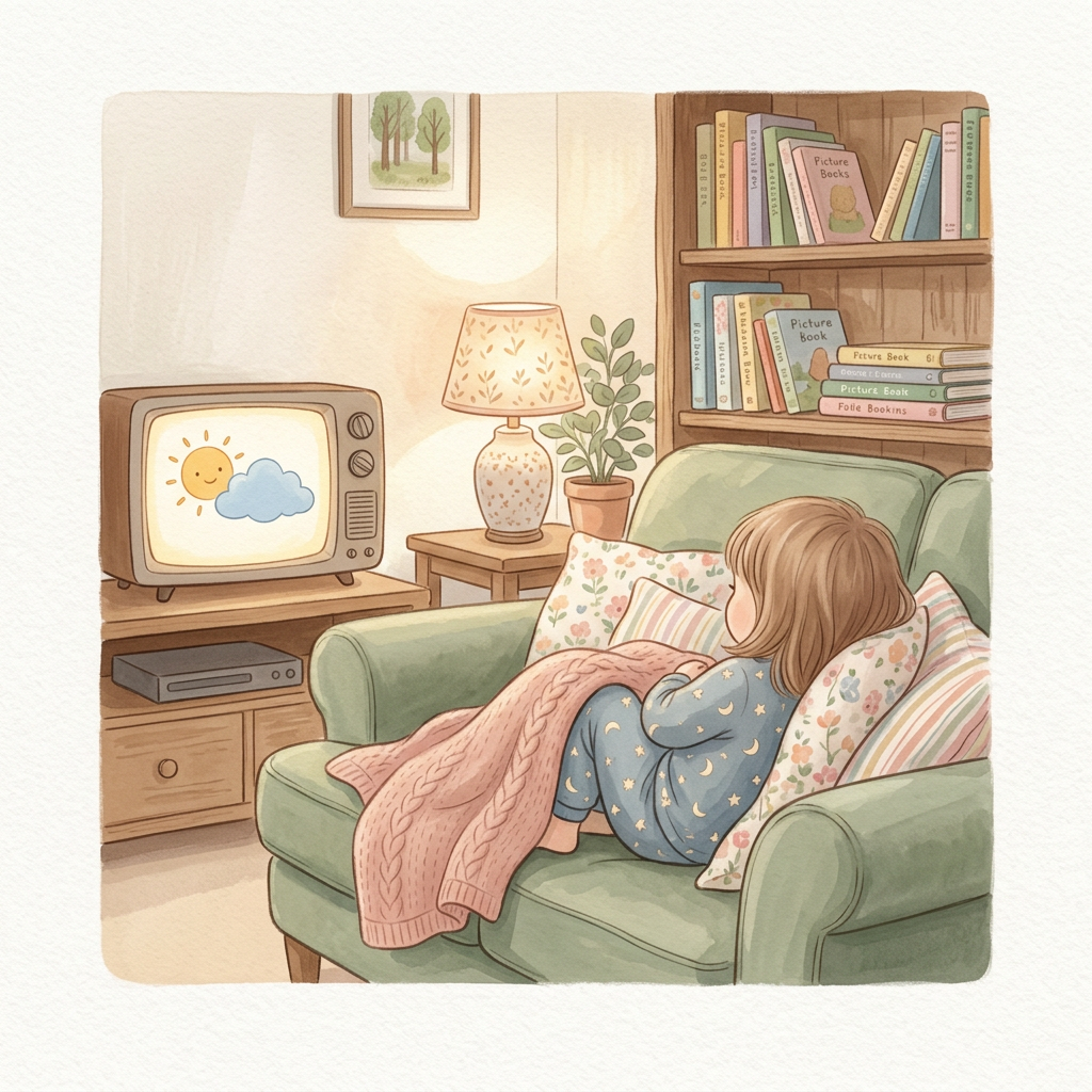 Illustration d'un enfant vu de dos, blotti sur un canapé devant un petit téléviseur.