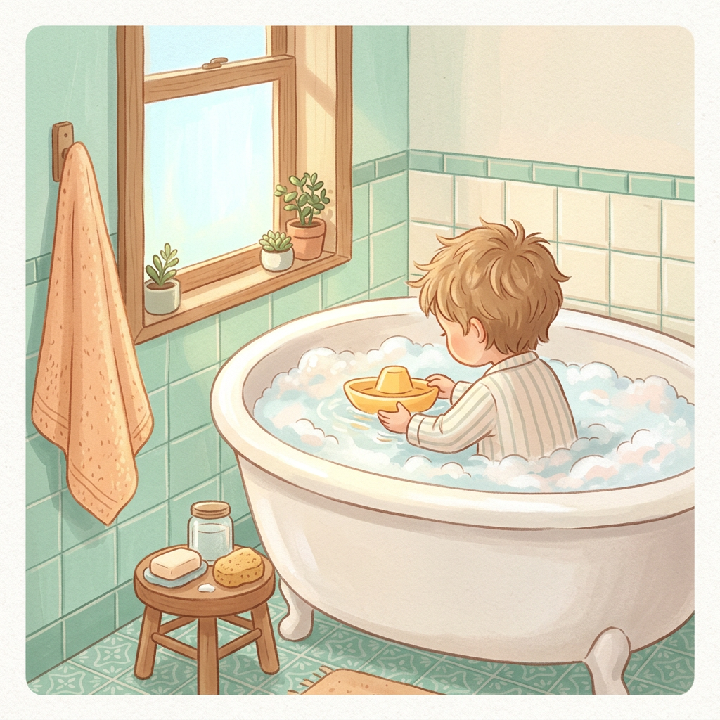 Illustration d'une enfant vue de dos, dans un bain plein de mousse, avec un petit bateau jaune.